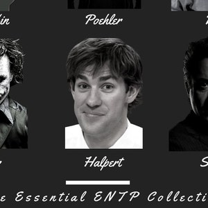 May include: Black and white photo collage of three men's faces. The top row has the names "Griffin", "Poehler", and "Bing". The bottom row has the names "Joker", "Halpert", and "Stark". The text "The Essential ENTP Collection" is at the bottom of the image.