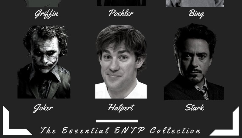 May include: Black and white photo collage of three men's faces. The top row has the names "Griffin", "Poehler", and "Bing". The bottom row has the names "Joker", "Halpert", and "Stark". The text "The Essential ENTP Collection" is at the bottom of the image.