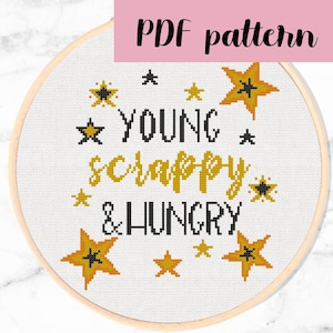 YOUNG, SCRAPPY & HUNGRY! Hamilton cross stitch pattern | Downloadable pdf cross stitch pattern | Digital pattern | Hamilton Broadway