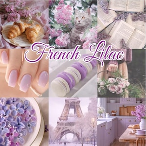 Peut inclure: Un collage aux tons violets et roses, avec des croissants, un chat, des livres, des ongles manucurés, des macarons, des fleurs, la Tour Eiffel et une cuisine. Le texte "French Lilac" est affiché en écriture cursive.