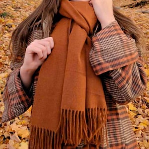 May include: A rust-colored scarf with fringe detail is draped over a plaid coat. The scarf is a solid color, and the coat features a brown, orange, and black plaid pattern. The background is blurred with fallen leaves.