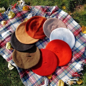 Fall 100% Solid Wool French Beret Hat Women's Autumn Headwear Berets Adult Tam Hats in Earthy Red, Green, Rust, Caramel, Mocha, White, Black