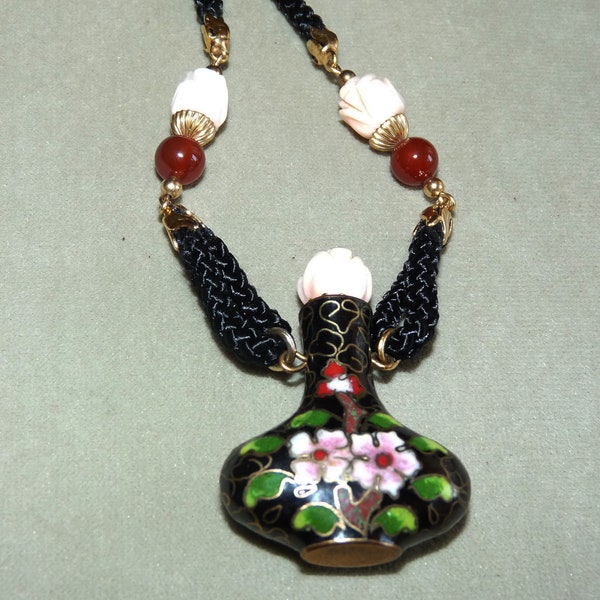 Exquisite, perfect condition vintage miniature cloisonne perfume bottle and necklace decorated with coral roses, agates, and tiny gold tips