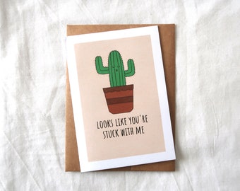 Valentine/'s Love Card Wedding Gift Potted Plant Cute Cactus Best Friend Galentines Anniversary New Home Card I/'m stuck on you