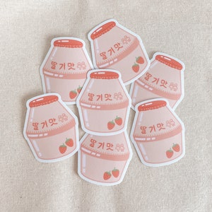 Lait de fraise coréen, autocollant de lait, boisson asiatique, autocollant de boisson, autocollant coréen, autocollant de vinyle