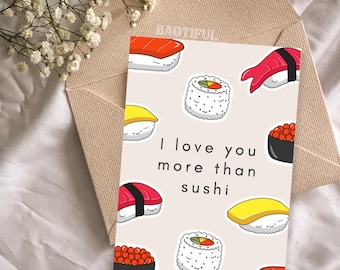 Tarjeta de felicitación con juego de palabras divertido: "Te quiero más que al sushi". Tarjeta inspirada en el sushi, ideal para aniversarios, San Valentín o para amigos. *SOLO DESCARGA DIGITAL*