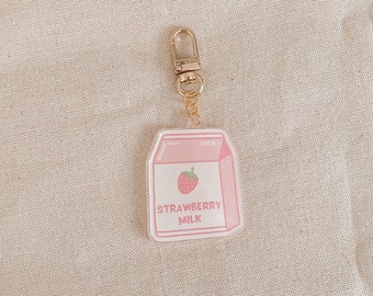 strawberry milk keychain, clear acrylic charm, keychain gift, charm accessory