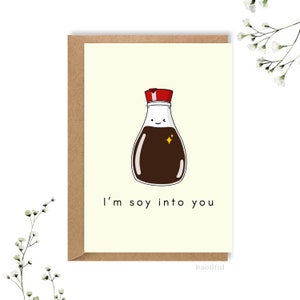 Je suis fan de soja, jeu de mots sur la sauce soja, carte texturée, carte d'anniversaire, carte de voeux