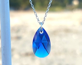 Blauwe druppelketting Swarovski-kristal: sterlingzilveren hanger
