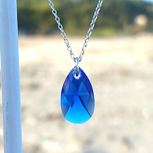 Blue Drop Necklace Sterling Silver Teardrop Pendant - Minimalist Swarovski Crystal - Simple Delicate Necklace for everyday - 925 Silver