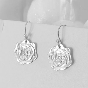 Sterling Silver ROSE EARRINGS, Flower Earrings, Birth Flower Earrings, Dangle Silver Roses, Flower Blossom Earrings, Greek Nature Inspired