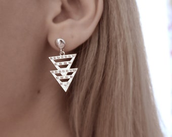 BIG TRIANGLE EARRINGS Sterling Silver Statement earrings with sphere studs • Very Impressive & Unique Pattern Earrings • 925 Bridal Earrings