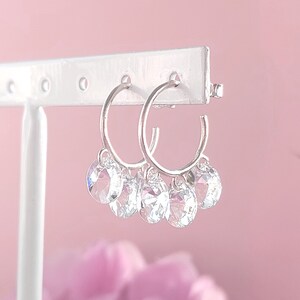 3 CRYSTAL HOOP EARRINGS • Small Hoops with Crystals • Earrings with Charms • Clear Color Swarovski • 925 Sterling Silver very lightweight
