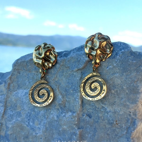 GOLD SPIRAL EARRINGS Stainless Steel, Dangle Bold Jewelry for women Birthday gift, big gold wedding earrings impressive formal jewelry