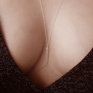 A model wearing a  sterling silver chain - close picture. 
Long Dainty BODY CHAIN NECKLACE 925 Sterling Silver for women • Layering body Chain, Bralette Chain• Minimalist Delicate bikini body jewelry