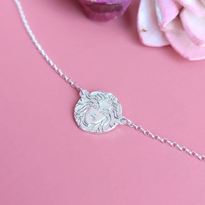 MEDUSA CHAIN BRACELET • Dainty 925 Sterling Silver Bracelet • Very Thin Delicate Bracelet Gift with round coin Greek Mythology engravement