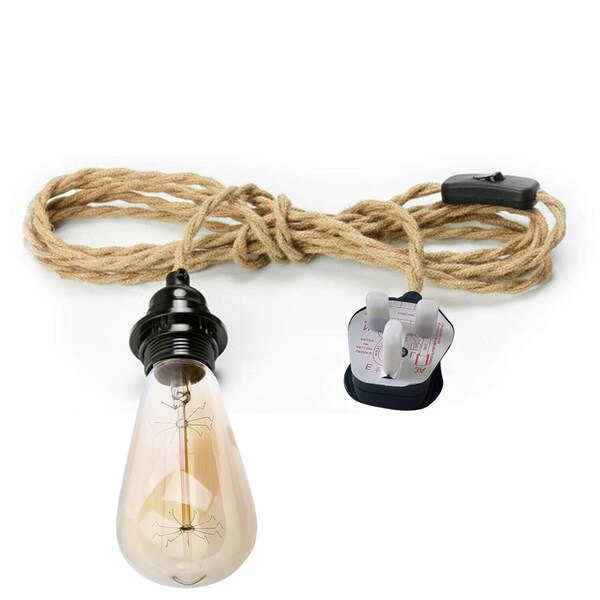 2M Nature twist hemp plugin pendant light cord with switch, UK plug and E27 Holder with shade ring Bedside Studyroom lamp 2core wire