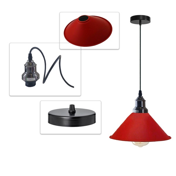 Red Pendant Ceiling Light fixture Retro Metal Lamp kit 22cm Cone style lampshade Vintage Industrial decor lamp