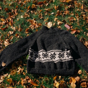 May include: A dark grey jumper with a high neck and long sleeves. The jumper has a white geometric pattern across the chest. The garment is lying on a bed of fallen leaves and grass.