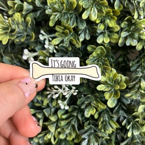 May include: A white bone-shaped sticker with the text "It's going tibia okay" in black lettering.