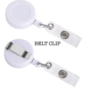 May include: White retractable badge holder with a belt clip. The holder has a clear plastic strap with a button on one end.