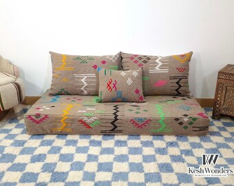 CANAPÉ DE SOL berbère gris - Ensemble bohème complet sur mesure avec assise au sol avec coussins Canapé kilim zippé, élégance rustique pour une maison confortable