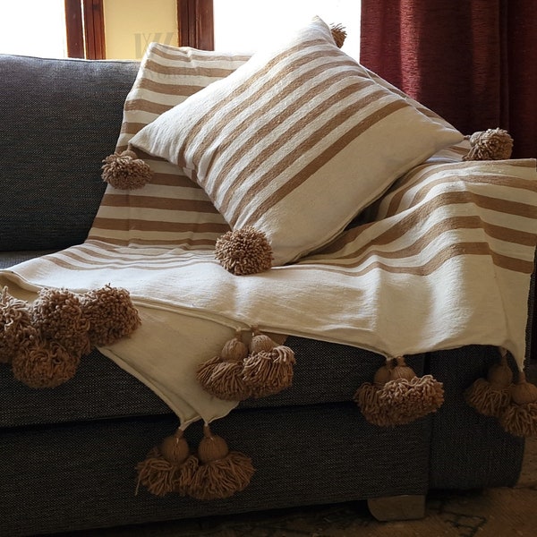 White and Beige POMPOM BLANKET + Pillows - Moroccan Stripy Pom Pom Blanket with 2x Pillows - Beautiful Handmade Striped Throw Blanket