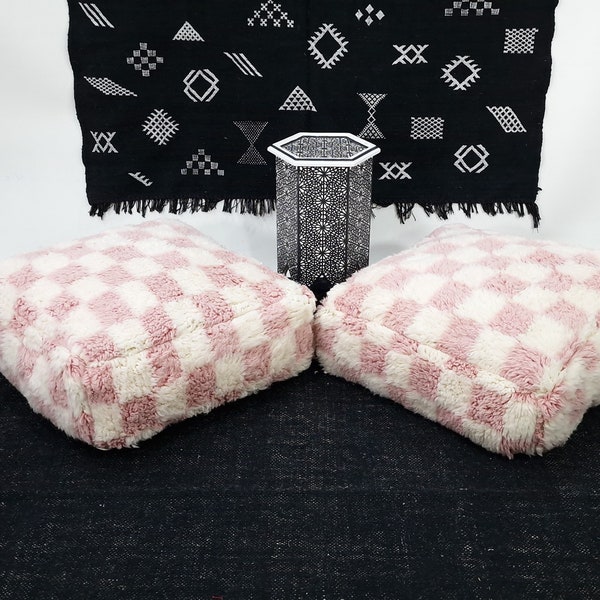 Set Of 2x BERBER PINK POUFS, Moroccan Handmade Decorative Checkered Floor Pillows, Beautiful Wool Square Footstool, Bohemian Floor Sofa