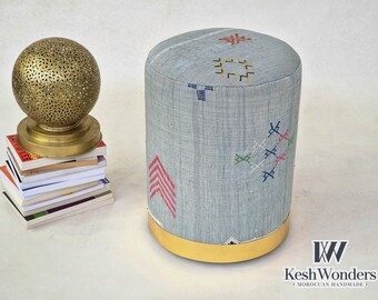 CRAFTED MOROCCAN POUF, Cylindrical Kilim Moroccan Pouf - Gray Handmade Wool Pouf, Charming Home Decor, Bedroom & Nursery