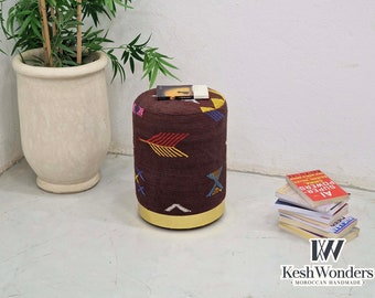 HANDMADE Cylindrical KILIM POUF, Kilim Wool Pouf in Brownish Moroccan Pouf - Cozy Living Room Pouf, Bedroom & Nursery Furniture