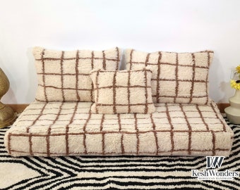 COMFY FLOOR SOFA - 5 ft Complete Set Long Moroccan White & Brown Wool Sofa + 2 Pillows + 1 Small Pillow + Zipped Floor Cushion Unstuffed Set