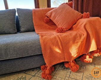 Beautiful PomPom BOHEMIAN Handmade BLANKET - Custom Made Throw for Couch Bed - Woven Throw Orange Blanket - Housewarming Gift