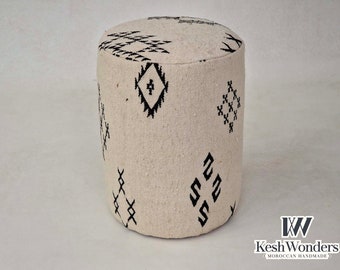 Cylindrical Ottoman Pouf, White Moroccan Kilim Sabra Pouf - Decorative Handcrafted Wool Decor - Cozy Berber Symbols Decor - Unique Pouf