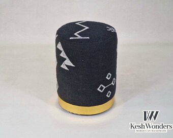 BLACK Handmade KILIM POUF, Moroccan Cylindrical Wool Pouf- Decorative White Kilim Pouf - Unique Home Decor for Living Room- Bohemian Design