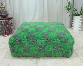 POUF BOHO IN LANA, cuscino da pavimento a quadretti di cactus marocchino fatto a mano, splendido poggiapiedi quadrato verde, cuscino decorativo per tappeti, animali domestici ammessi