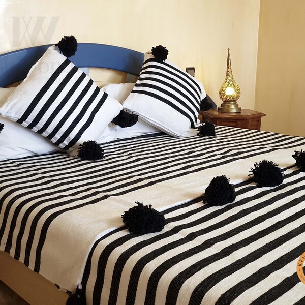 STRIPED White and Black POMPOM BLANKET + Pillows - Custom Made Moroccan Stripy Pom Pom Blanket with 2x Pillows - Moroccan Throw Blanket