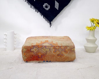 TIMELESS Faded Orange MOROCCAN POUF, One-of-a-Kind FootStool, Bring a Touch of Bohemian to Your Home with This Unique Wool Floor Pillow