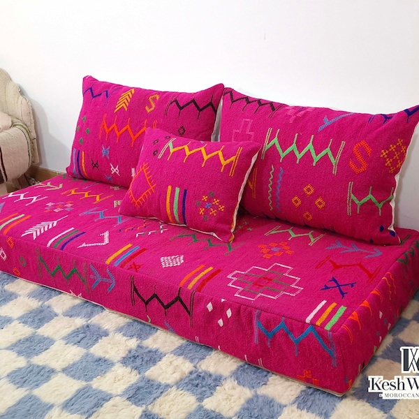 FLOOR COUCHE SOFA Pink Berber- Custom Made Bohemian Complete Floor Seating with Pillows Set Zipped Kilim Sofa Pink elegance For Cozy home