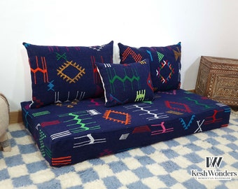 FLOOR COUCH SOFA Navy Blue - Custom Made Bohemian Complete Floor Seating with Pillows Set Zipped Kilim Sofa Blue Elegance For Cozy home