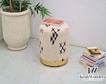 COZY CHIC Moroccan POUF, Cylindrical Kilim Sabra Pouf- White Decorative Wool Furniture - Unique Home Decor for Living Room- Gold Motifs Pouf