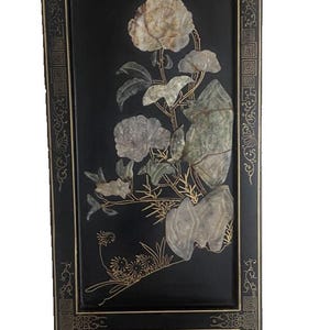 Vtg Jinlong Wall Hanging Black Lacquer Carved Stone Birds Floral 36x10 Picture