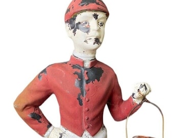 Figura de jinete de caballo sosteniendo un anillo y una linterna colgante, moldeada por soplado, de los años 80, de 26&quot; de alto, estilo rústico envejecido