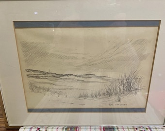 Dibujo a lápiz de las dunas de Cape Cod, firmado por el artista T. Cracknell y enmarcado.