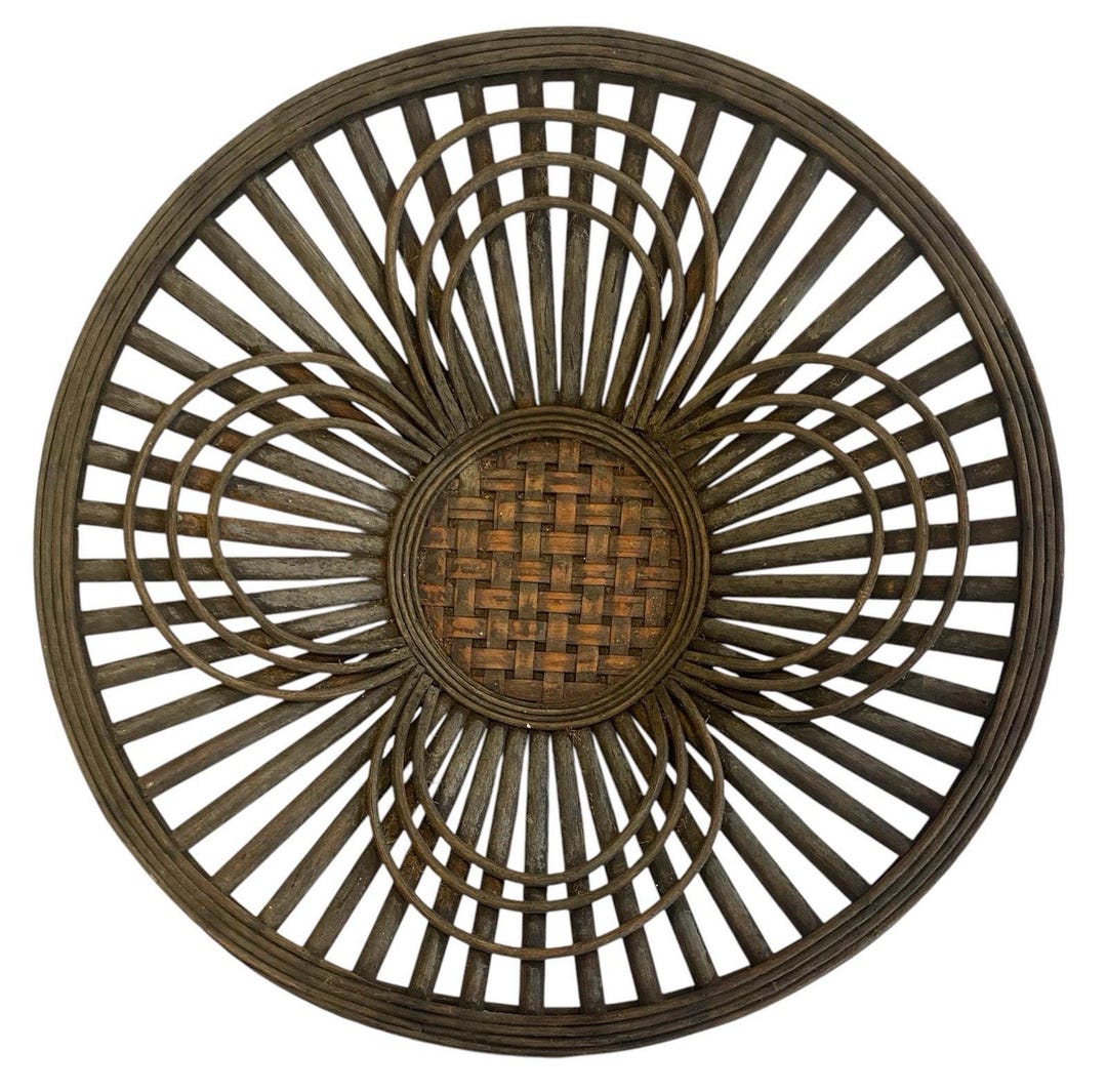 Vintage MCM Wicker Rattan Shallow Basket 14” Wide Bent Wood Dark Wood ...