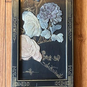 Vtg Jinlong Wall Hanging Black Lacquer Carved Stone Birds Floral 36x10 Picture