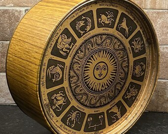 Vintage Guildcraft Zodiac Astrology Tin Container Celestial Gold Black Faux Wood