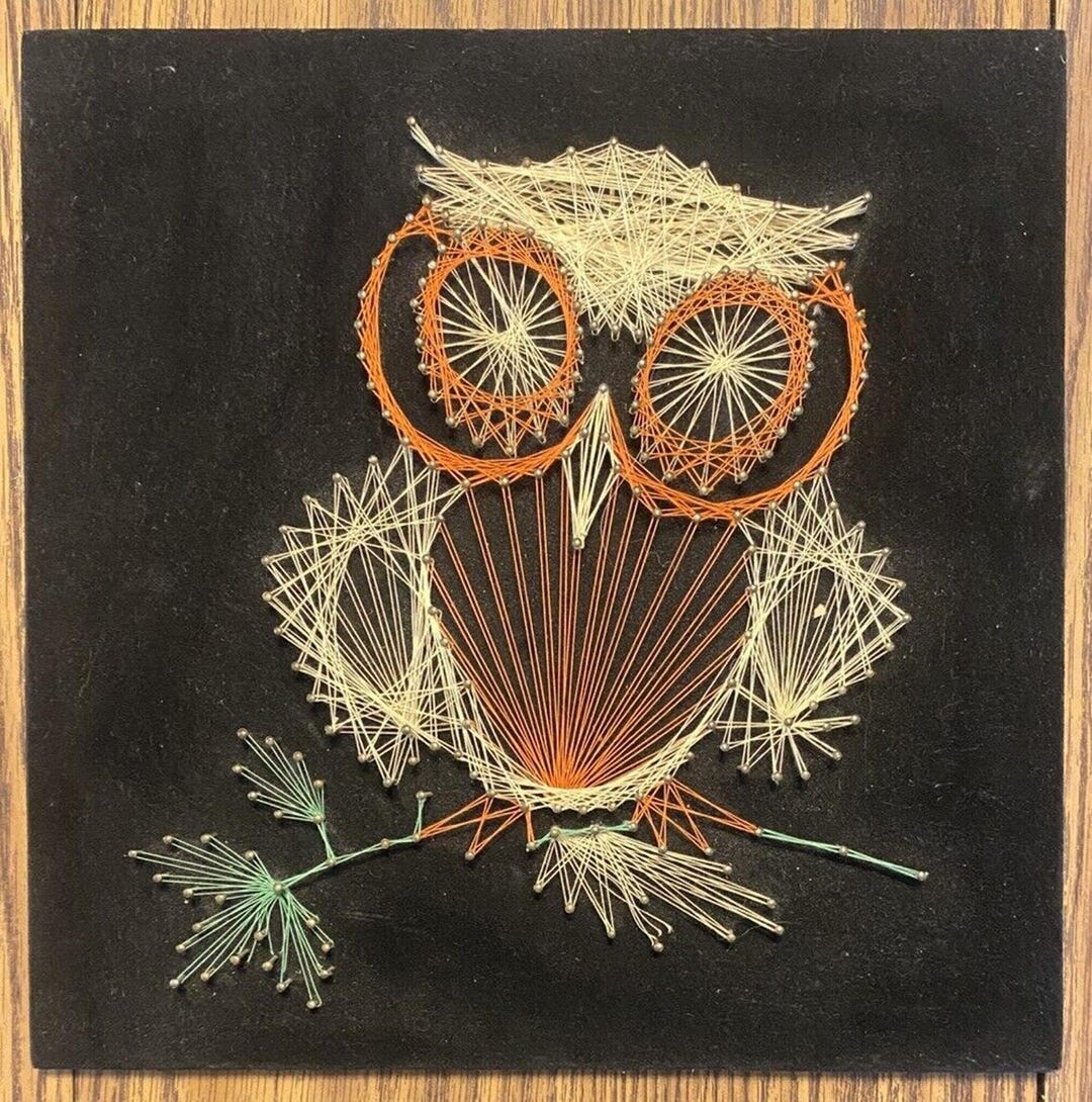 Vintage 70s Owl String Art Wall Hanging on Velvet 12 X 12 String Art ...