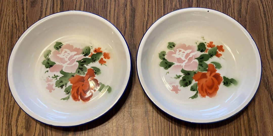 Pair Vintage 50s Butterfly Brand Enamelware 11 Pie Plate/bowl Floral