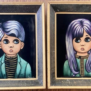 Vintage MCM Big Eye Girl And Boy Velvet Paintings 25”x20” Pop Art Wooden Frames