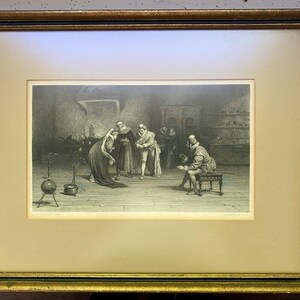 Grabado de Alfred Holst Tourrier "El experimento de la alquimia" Enmarcado 17"x13"